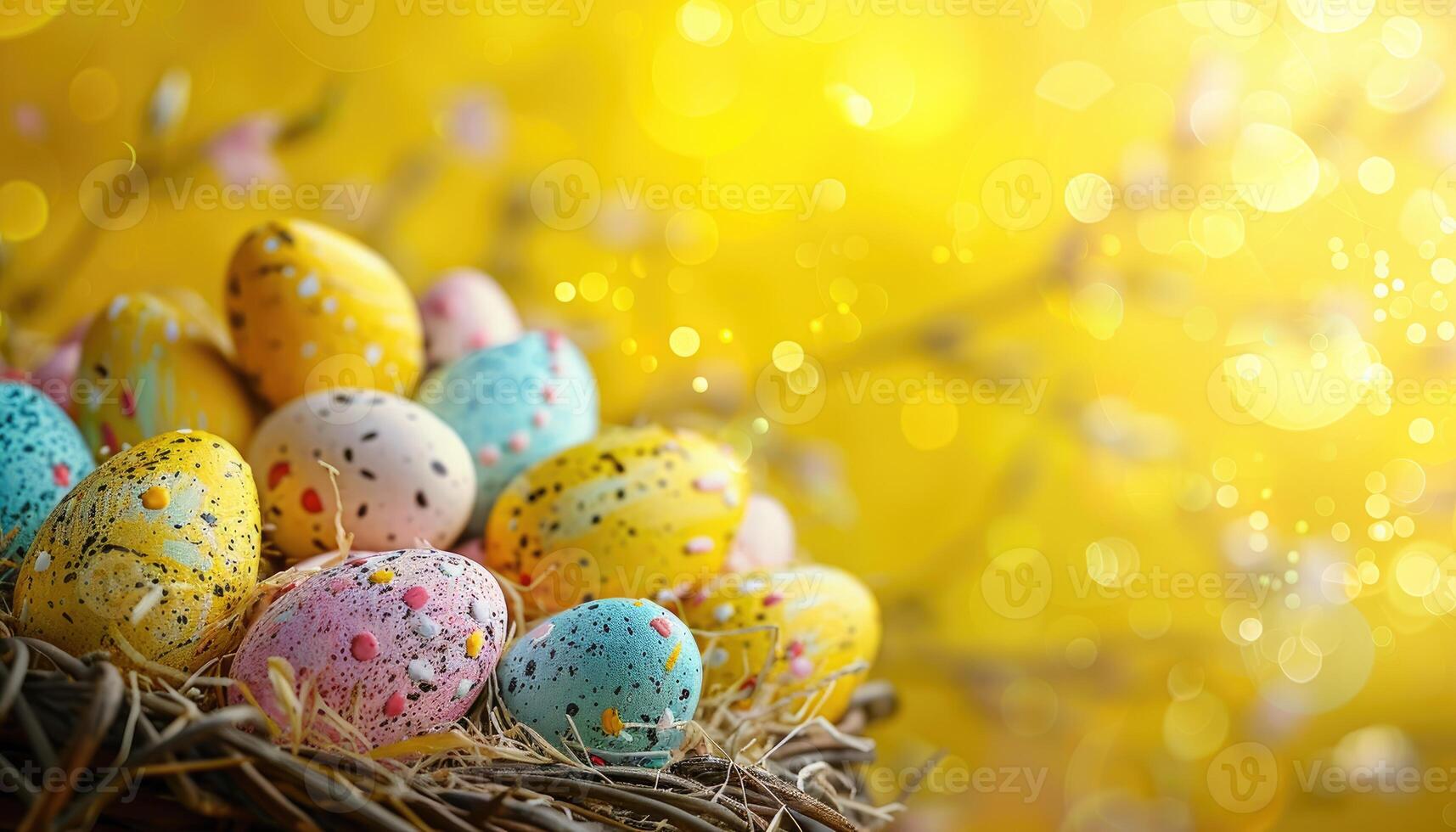 Decorated Easter Eggs in a Nest Against a Yellow Bokeh Background photo