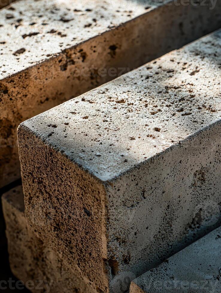 Light illuminates rough textured concrete blocks photo