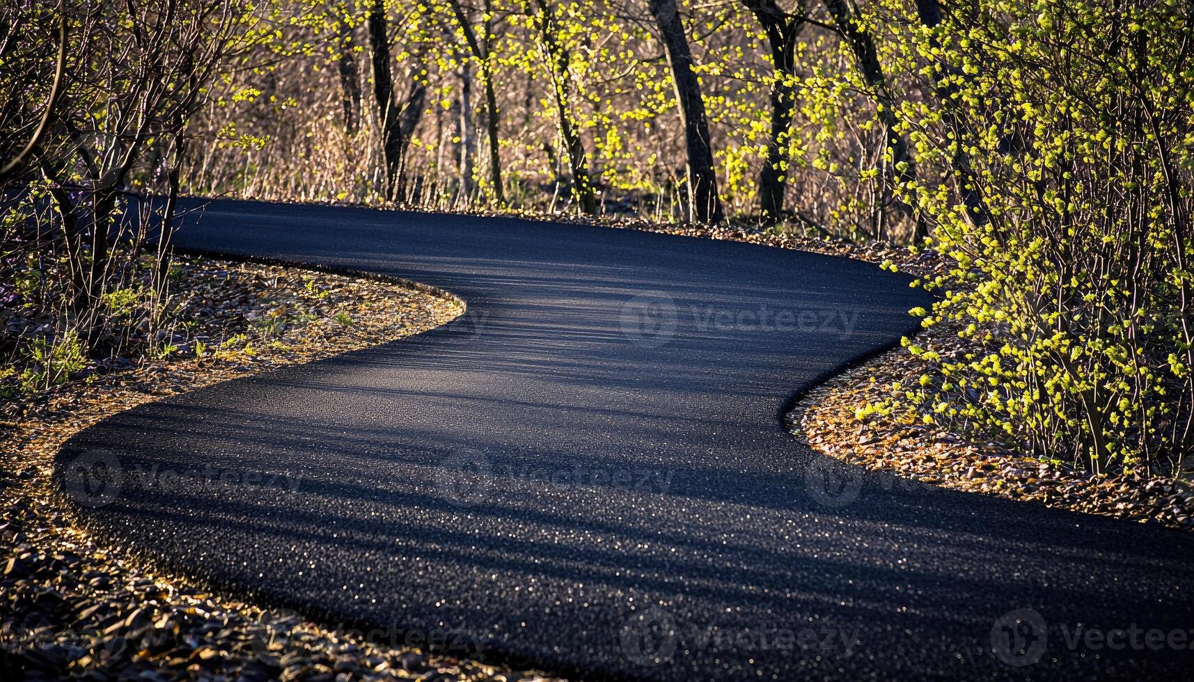 Winding Asphalt Path Through Springtime Woods photo