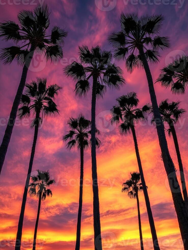 Silhouetted Palm Trees Against Vibrant Sunset Sky photo