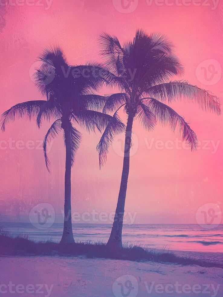 Two Palm Trees Silhouetted Against a Pink Sunset Ocean photo