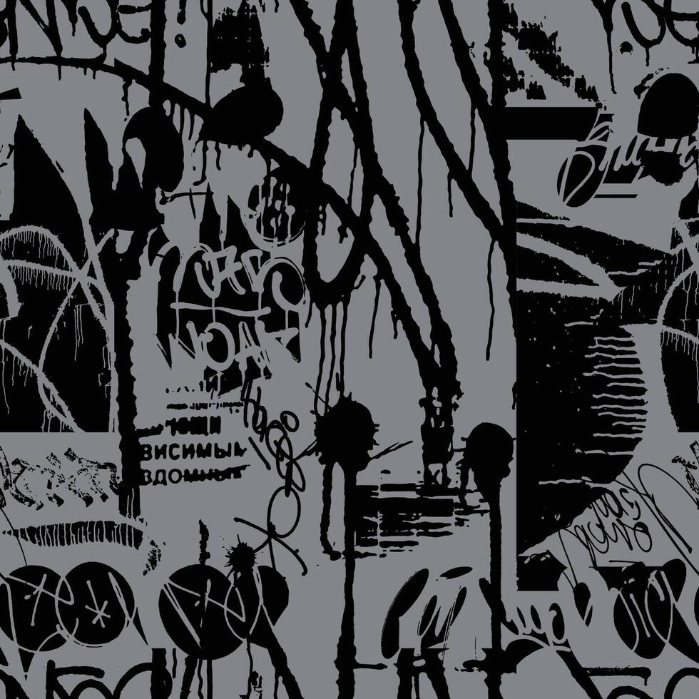 Black and gray seamless grunge pattern for boy textile, sport urban clothes. Grunge graffiti texture, repeat print. Street art wall repeated ornament vector