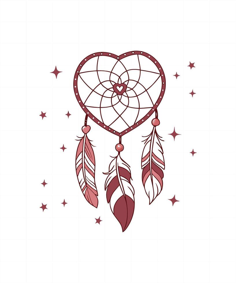 Hand drawn Native American Indian talisman dreamcatcher heart with feathers. Hipster illustration isolated Ethnic design, boho chic, tribal symbol. vector