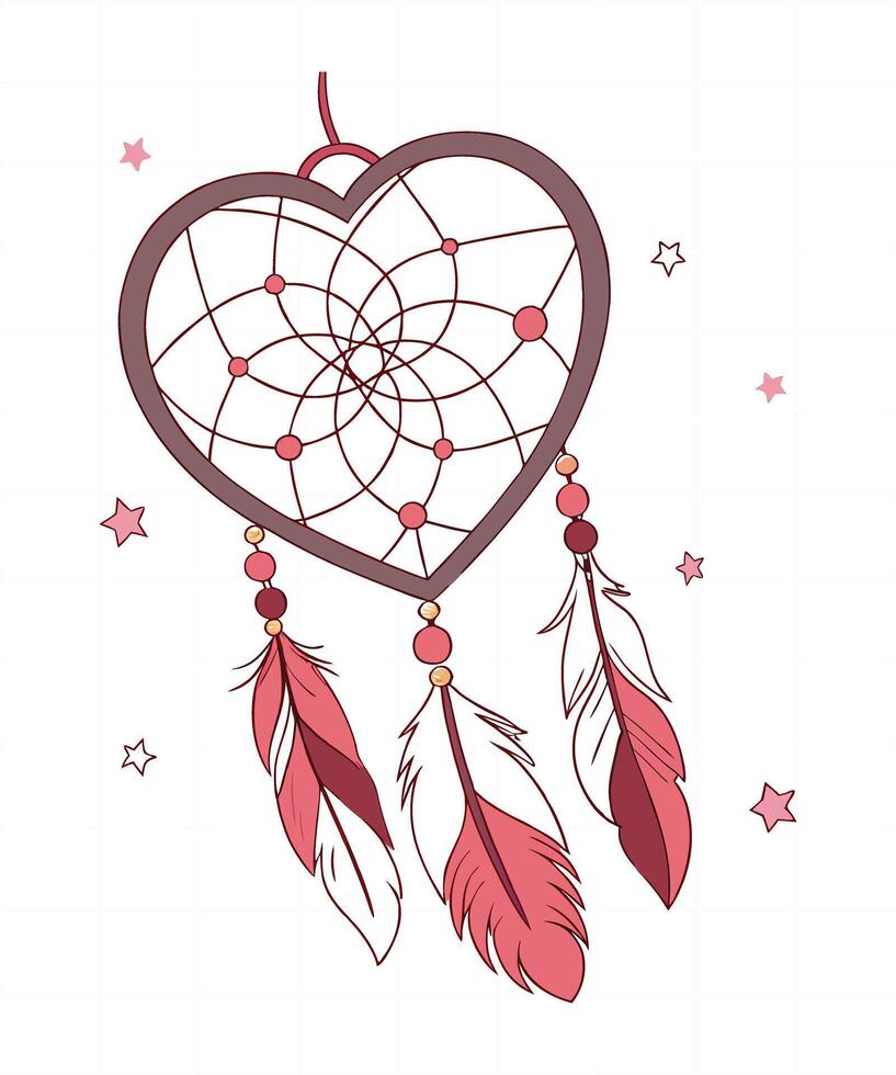 Hand drawn Native American Indian talisman dreamcatcher heart with feathers. hipster illustration isolated on white. Ethnic design, boho chic, tribal vector