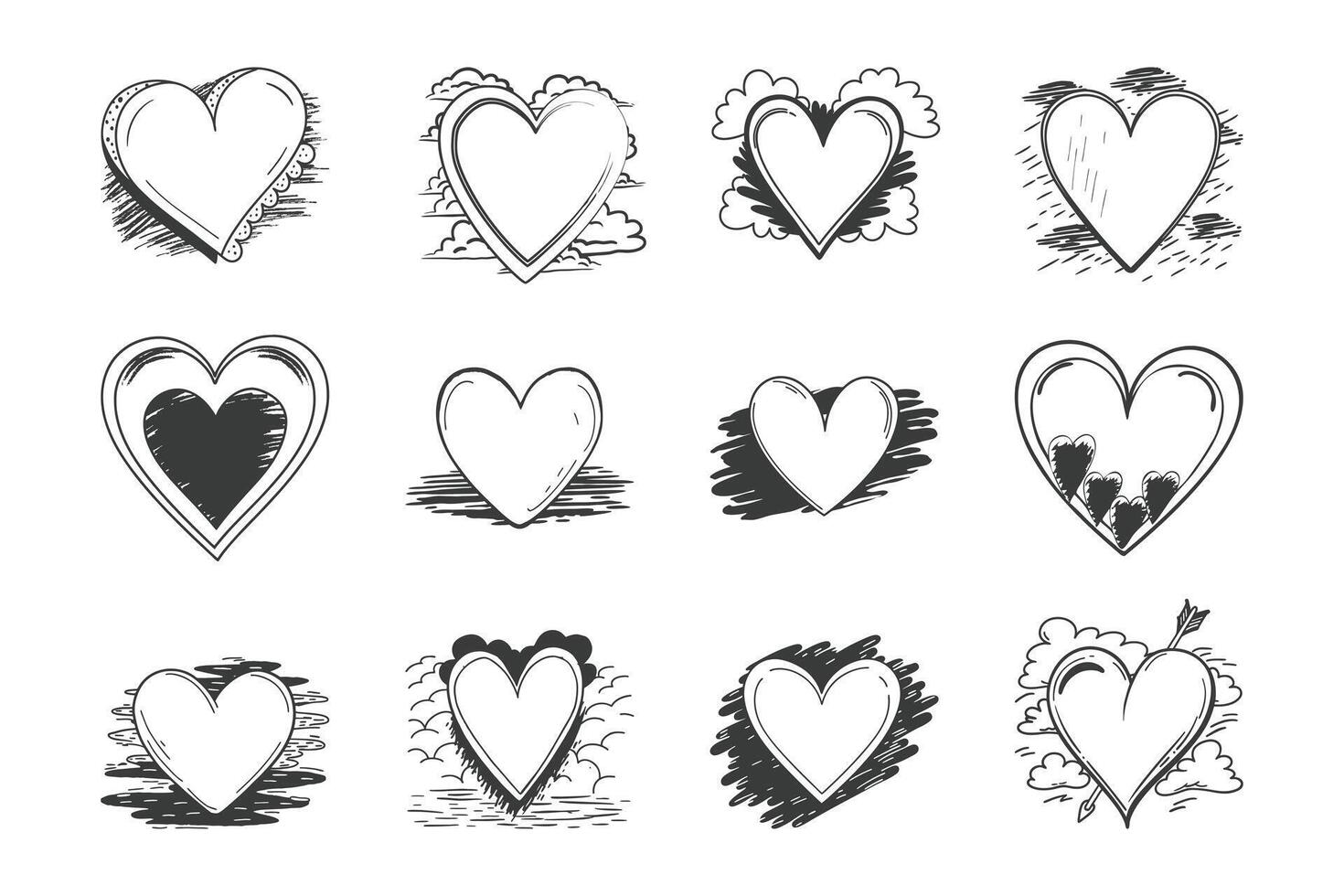 Heart Bundle. Heart Icons. Heart Shape. Collection of hand drawn heart outline Illustration design vector