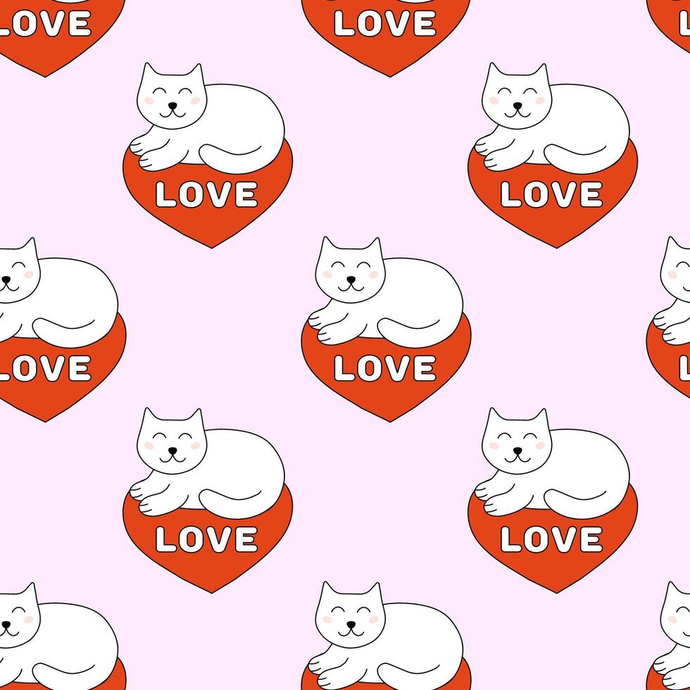 Seamless Pattern with Valentine day Cat on heart. flat illustration. vector