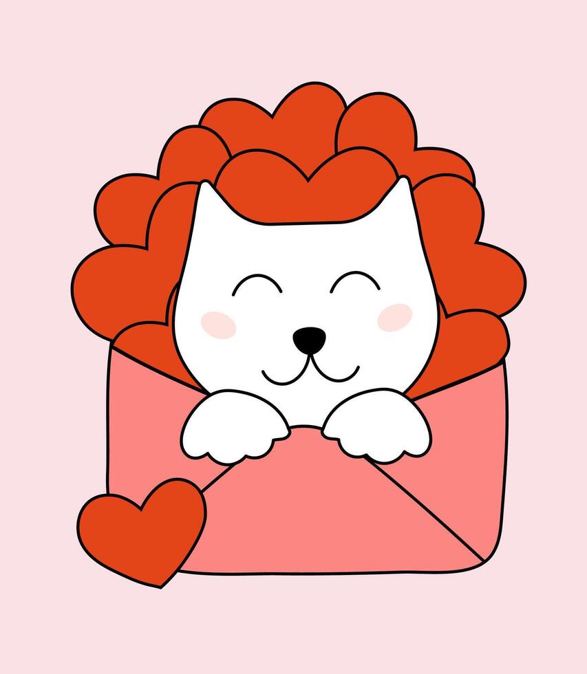 Valentine day Cat sit in envelope. flat illustration. vector