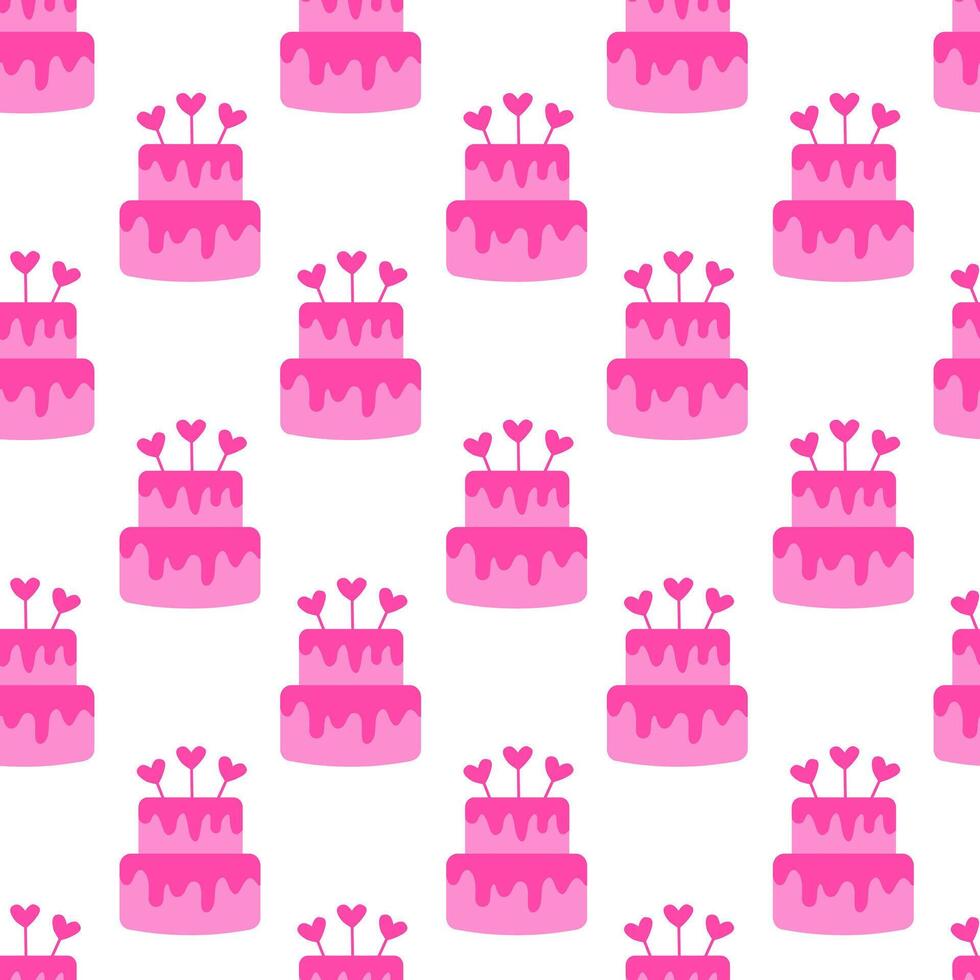 Seamless pattern with Pink Valentine Day Cake and heart toppers. illustration. vector