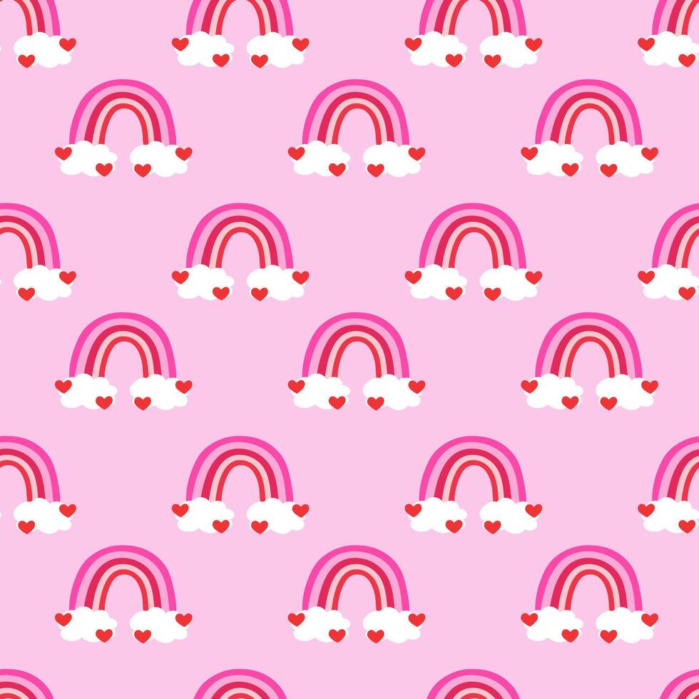 Seamless Pattern with Pink Valentine Day Rainbow and hearts. flat illustration. vector