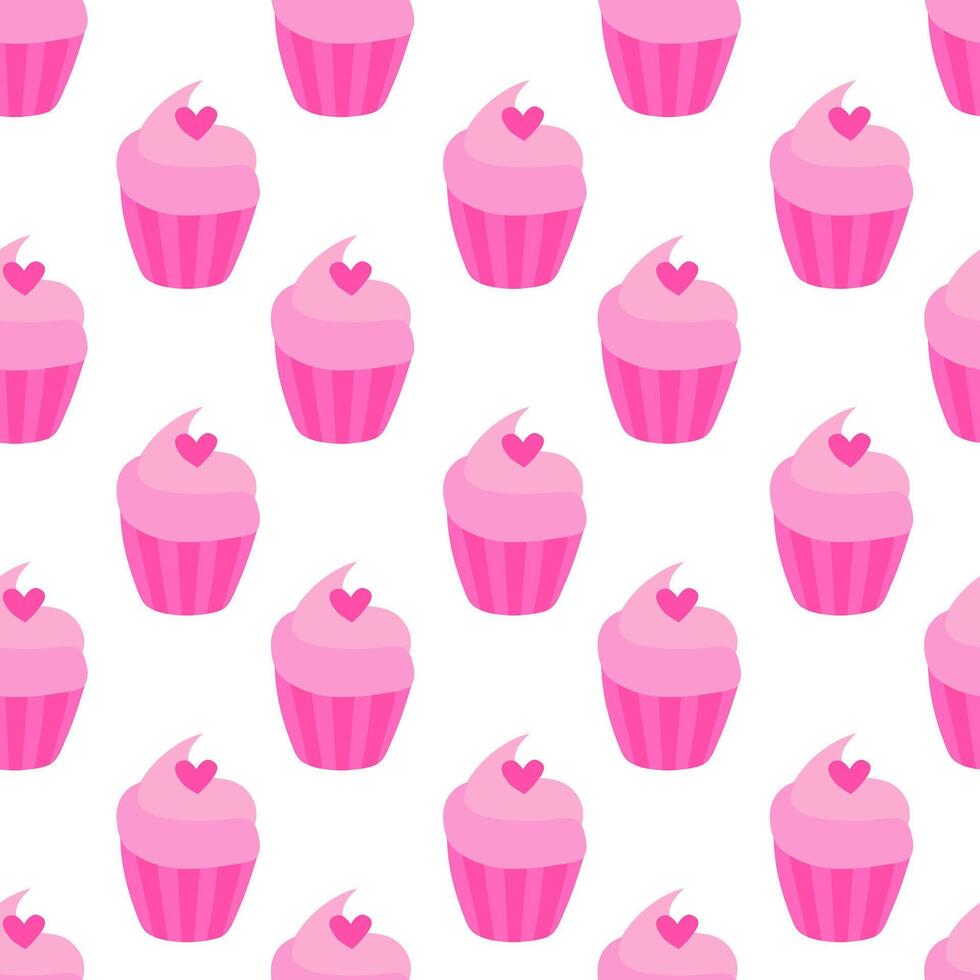 Seamless pattern with Pink Valentine Day Cupcake with heart. illustration. vector