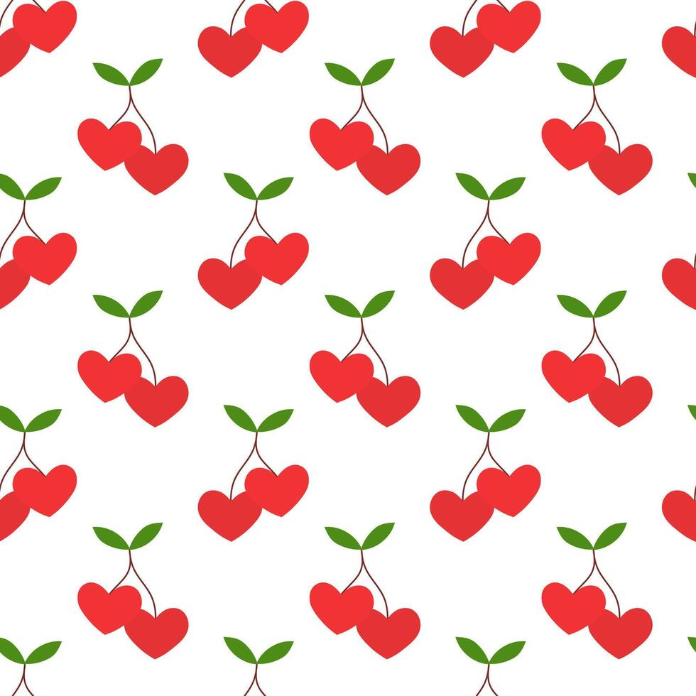 Seamless pattern. Cherries in form hearts, leaves. Valentine day. flat illustration. vector