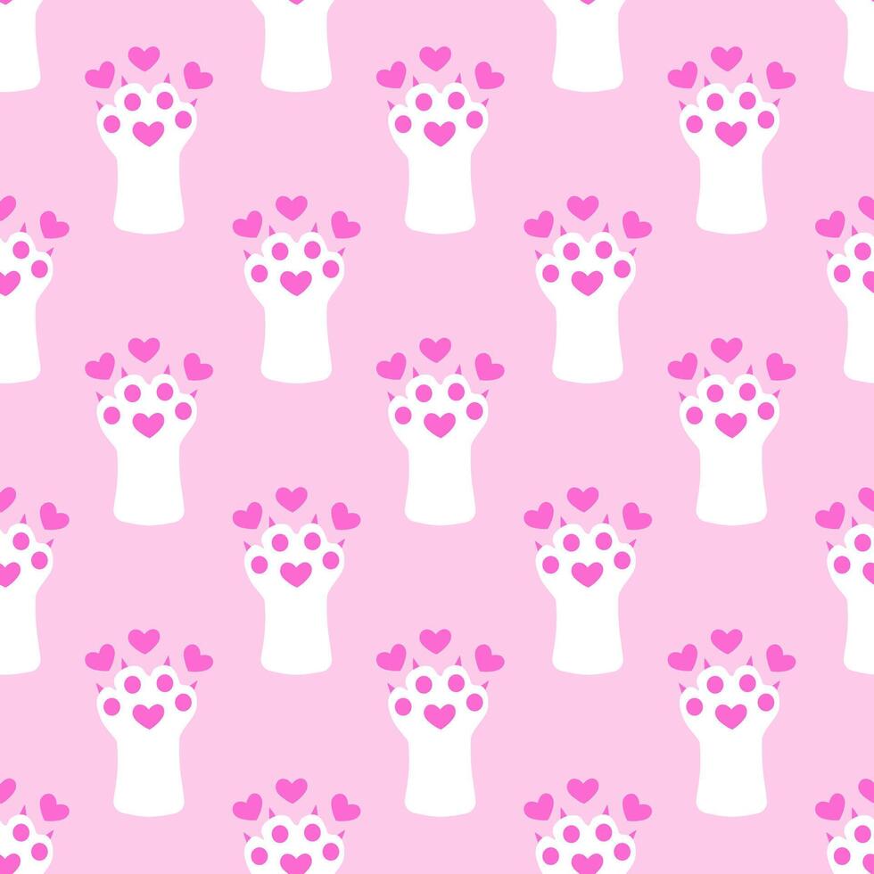 seamless Pattern with Valentine day Cat Paw with hearts. flat illustration. vector