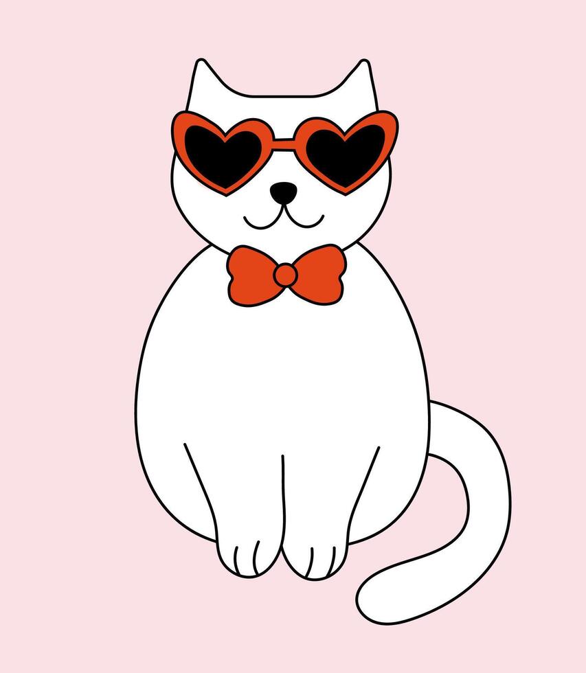 Valentine day Cat with sunglasses and tie bow. flat illustration. vector