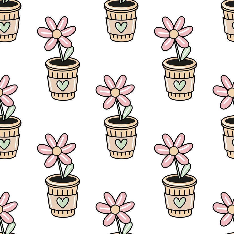 Seamless pattern with eco flower in biodegradable cup for sustainability vector