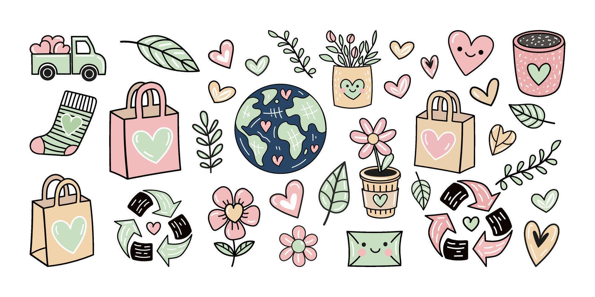 Doodle colored sketch with hearts, love, valentine, nature, recycle, zero waste vector
