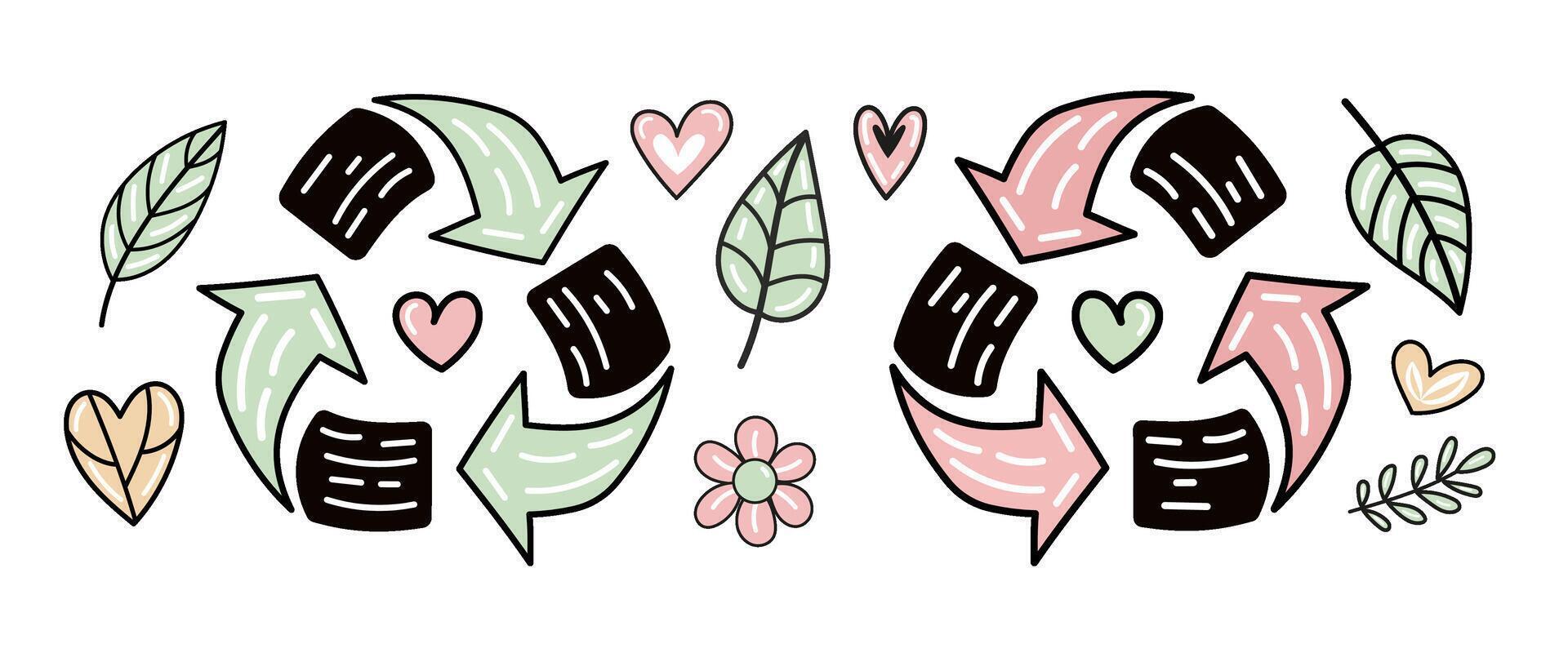 Eco love doodle set with hearts and recycling vector