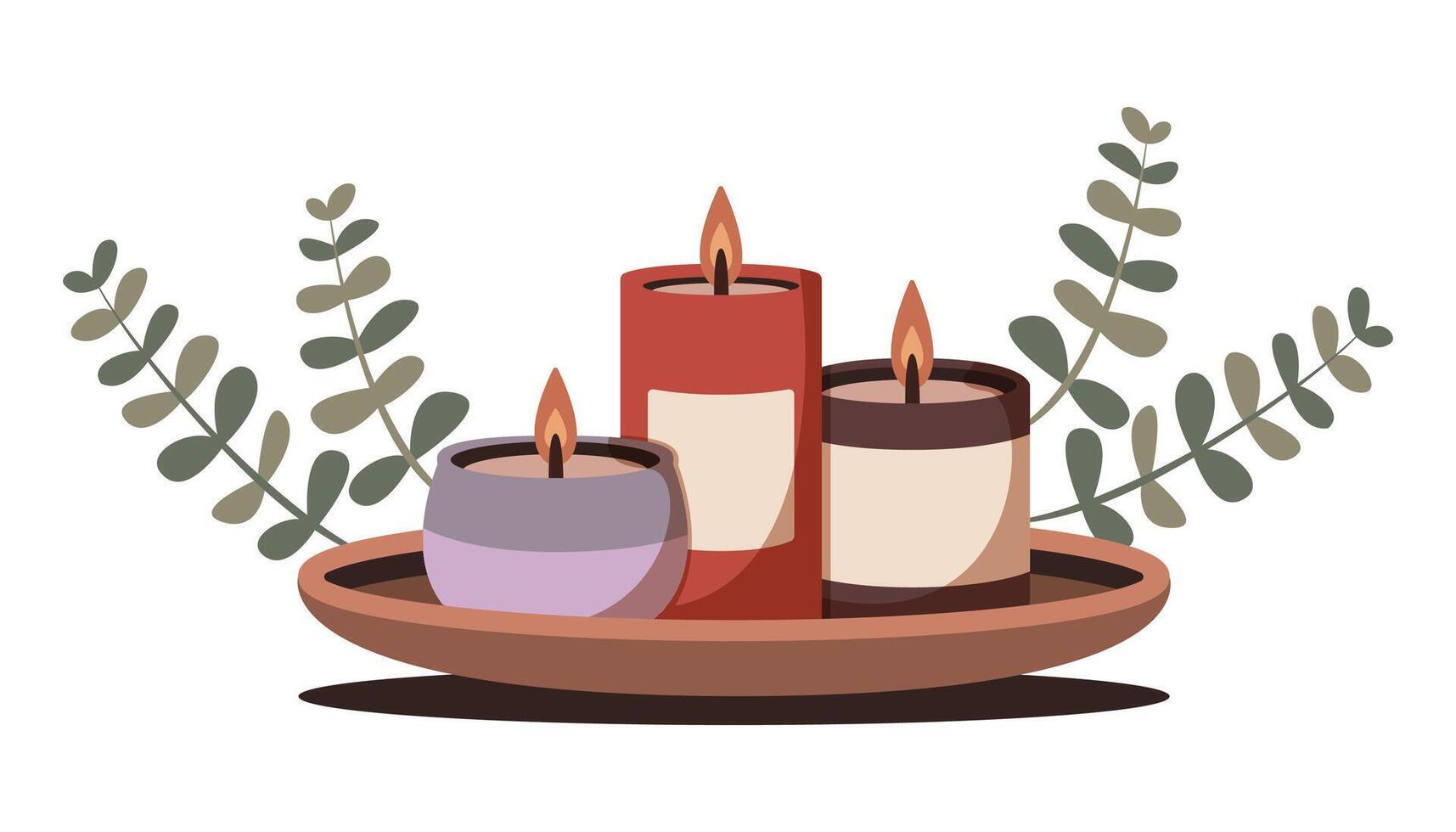 Three lit candles in earthy tones placed on a brown tray with leafy accents, on a white background. Symbol of relaxation and ambiance vector