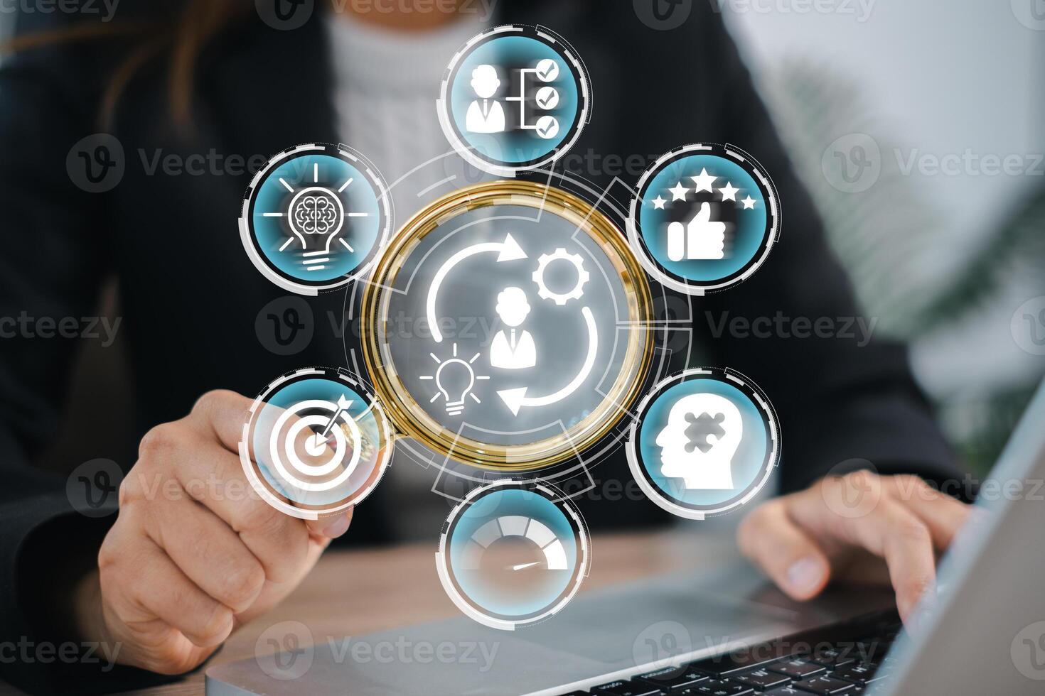Business professional interacting with digital icons representing competence concepts, skill development, and performance. photo