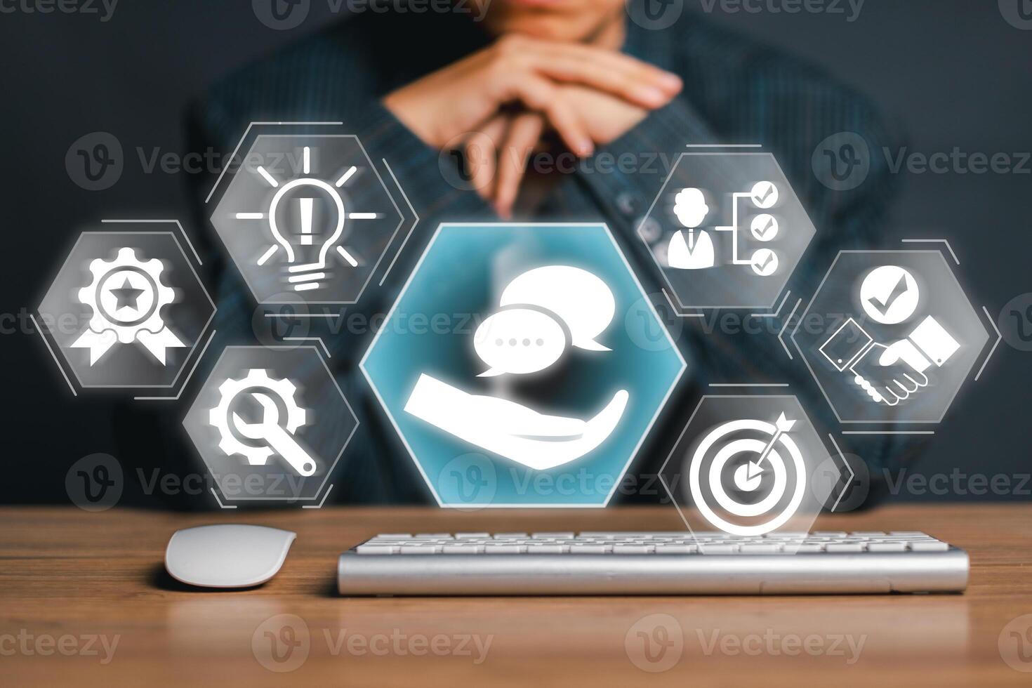 Illustration of advice concept with icons for strategy, innovation, and communication, symbolizing professional guidance and support. photo
