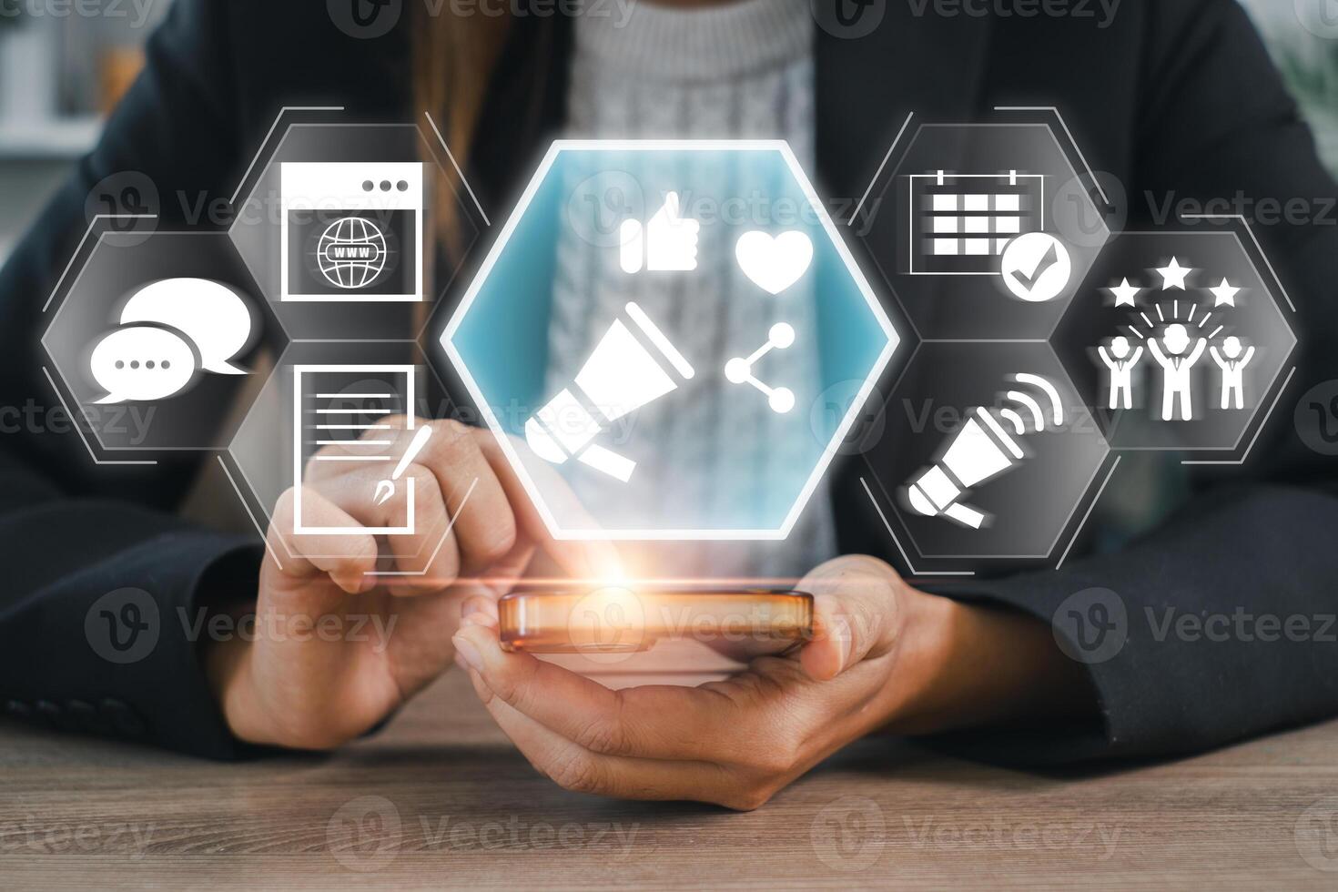 Explore the digital public relations concept with social media icons and smartphone interaction, showcasing modern communication strategies. photo