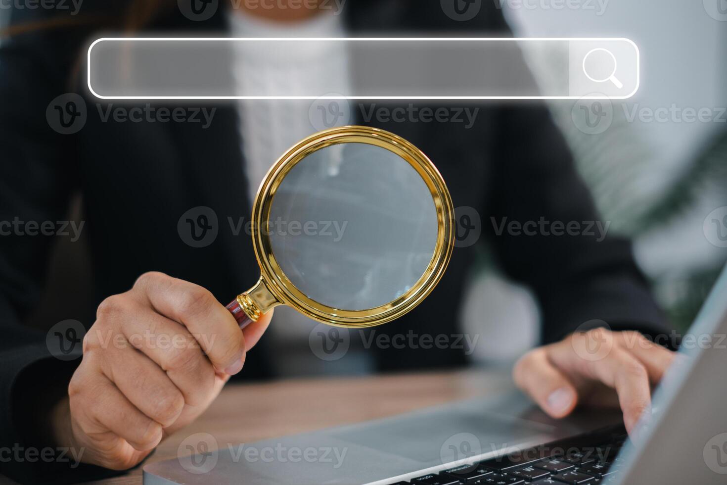 Search Engine Optimization Concept with Magnifying Glass and Search Bar on Laptop for Digital Marketing and Online Visibility photo