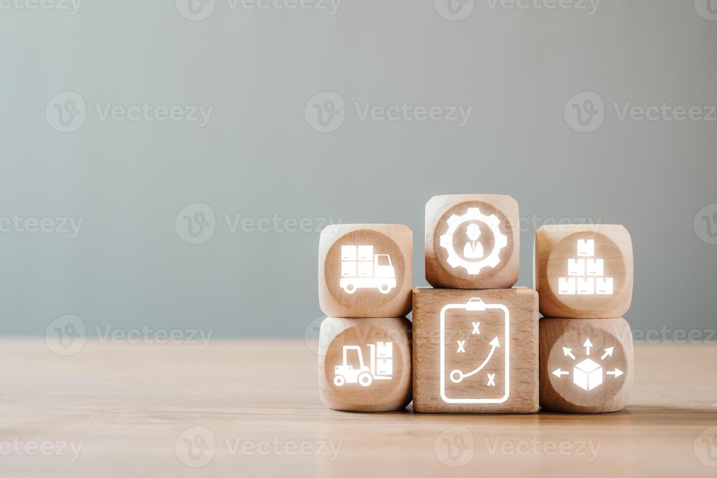 Logistics Concept with Wooden Blocks Illustrating Supply Chain and Distribution Network on a Neutral Background photo