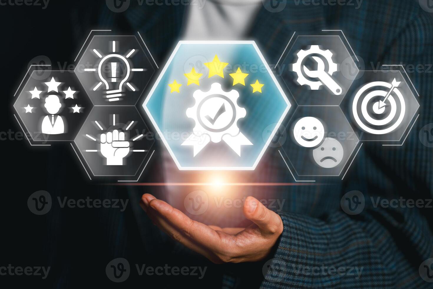 Visual representation of excellence featuring icons for success, achievement, and quality in a business context. photo