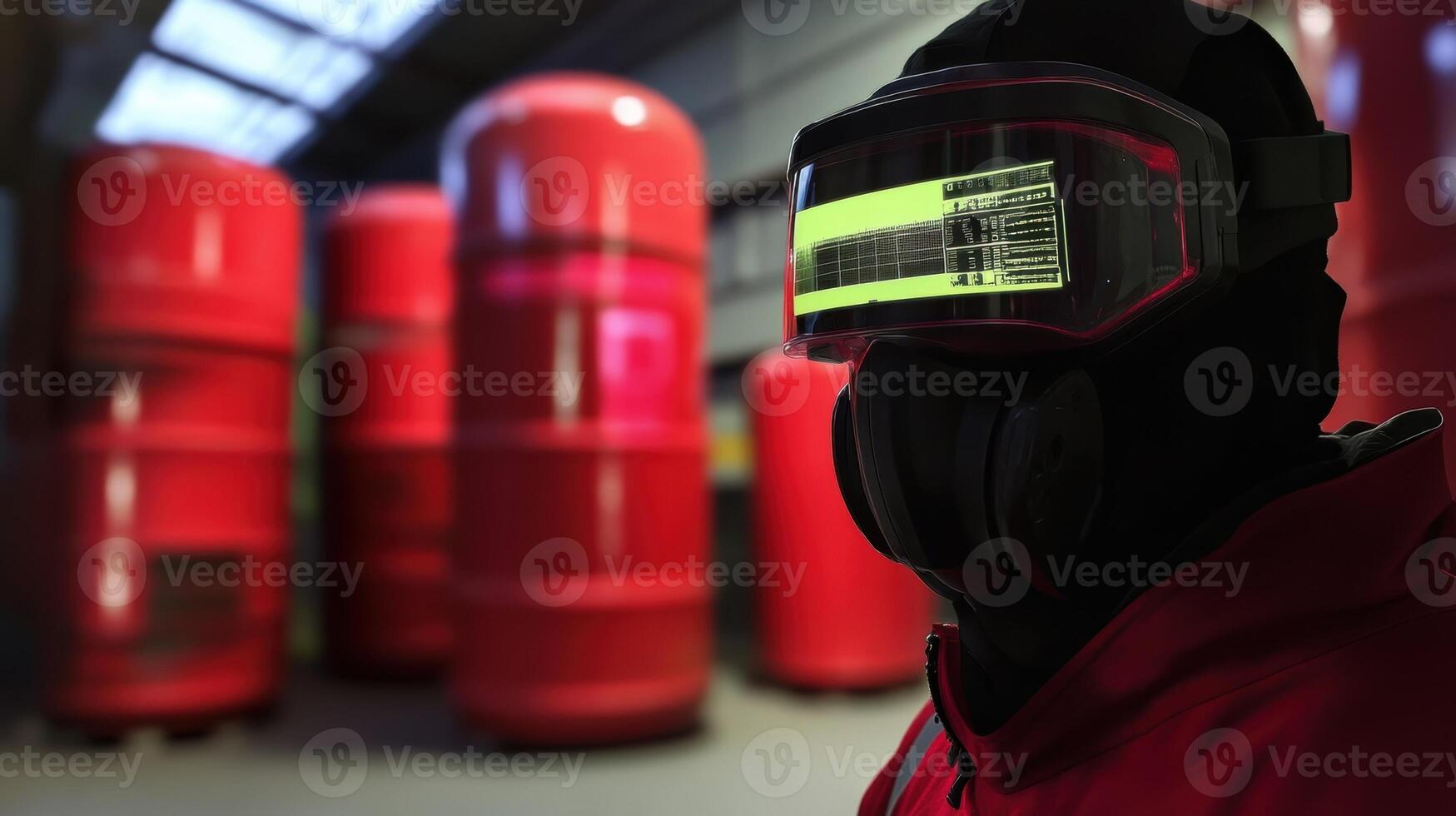 A pair of augmented reality goggles displaying realtime alerts as a worker approaches a toxic material storage area with visual prompts indicating the need for protective gear photo