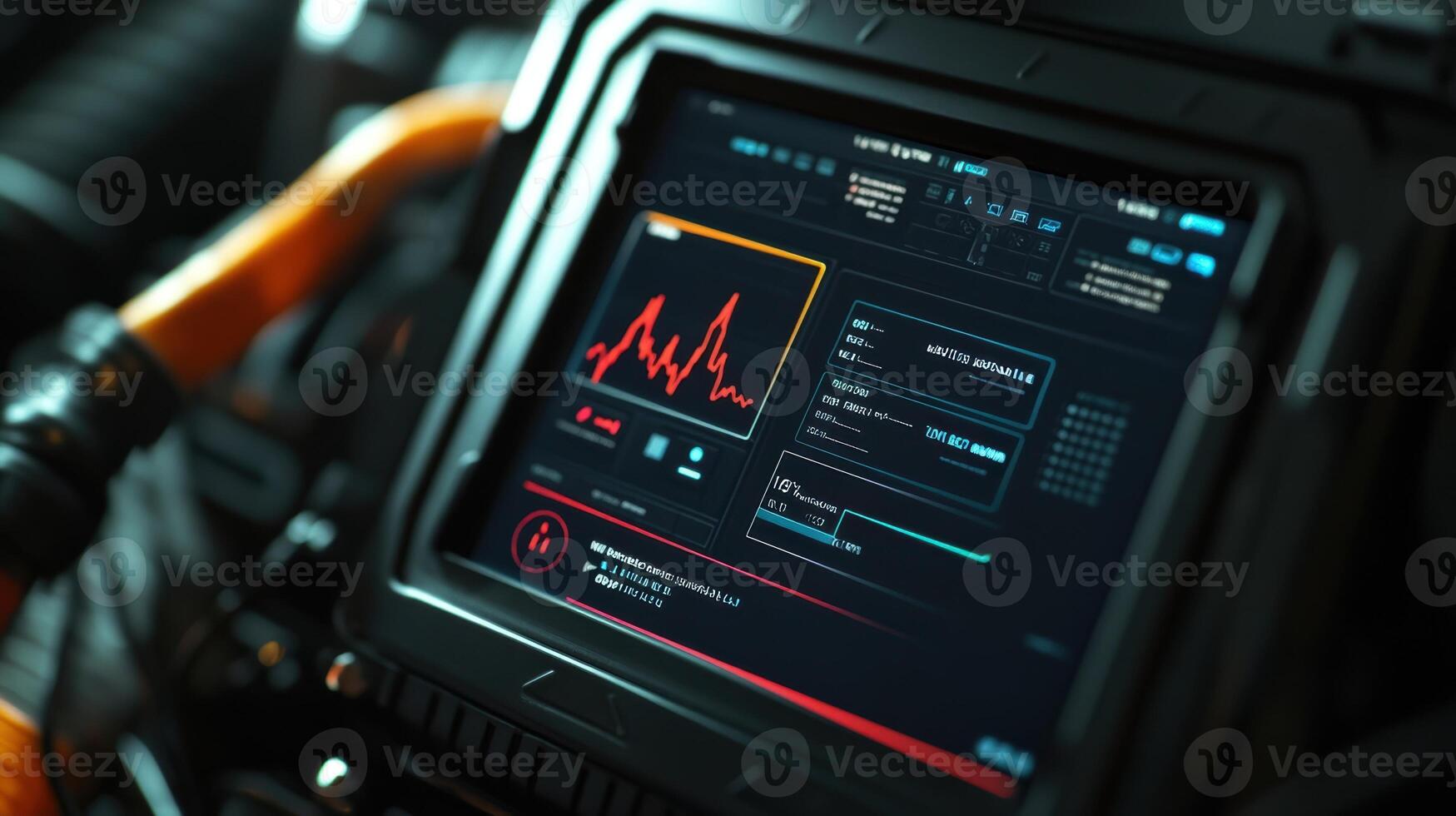 A closeup of a maintenance technicians diagnostics tool showing a list of machine alerts and performance analytics all updated instantly thanks to reliable 5G connectivity photo