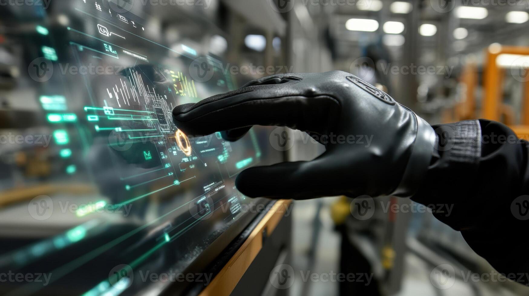A closeup of a technicians gloved hand interacting with a holographic interface projected in front of an assembly line showing realtime data on machinery performance photo