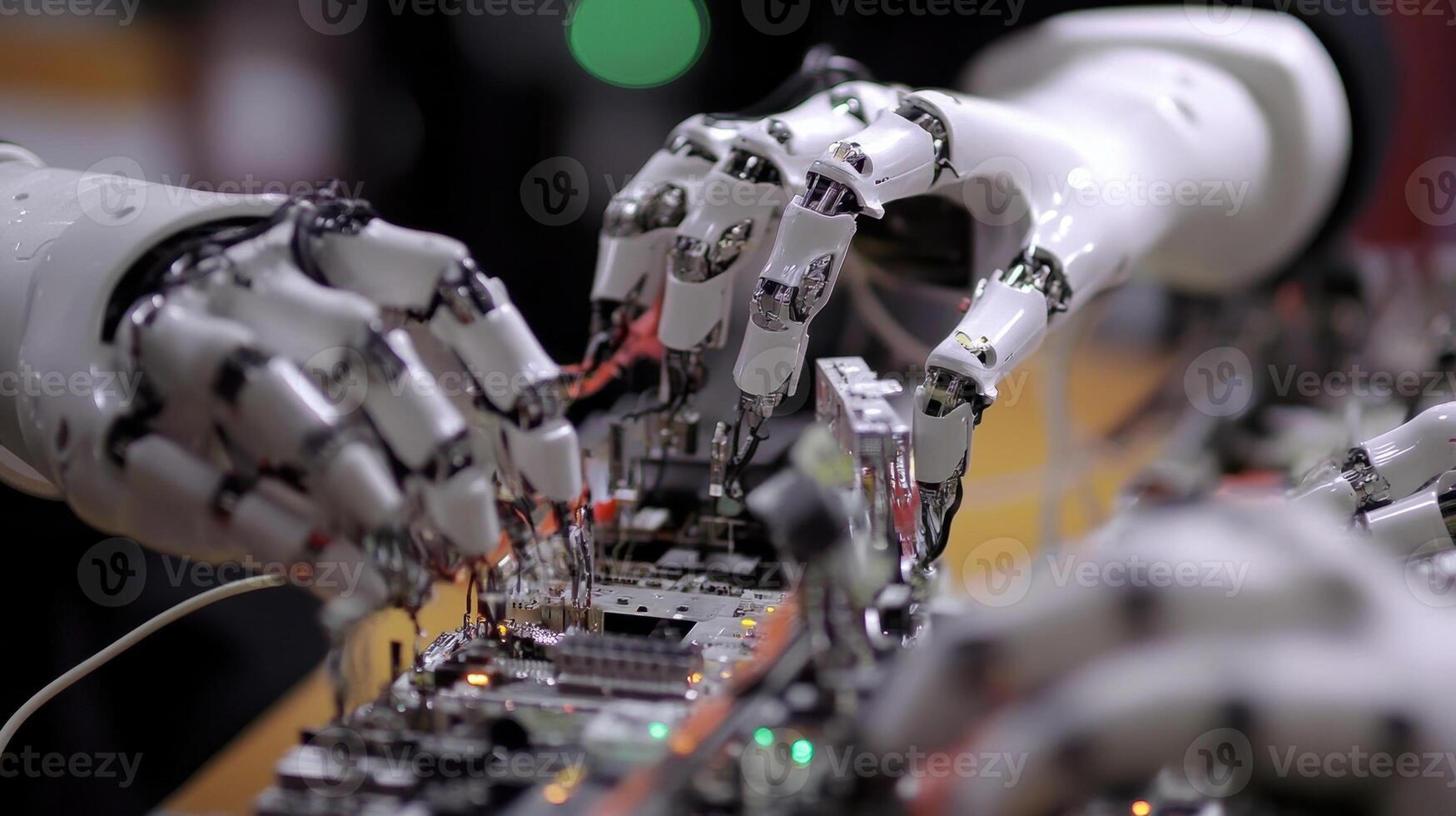 A closeup of robotic arms assembling electronic devices illustrating the blend of automation and human expertise that drives productivity and innovation in domestic factories photo