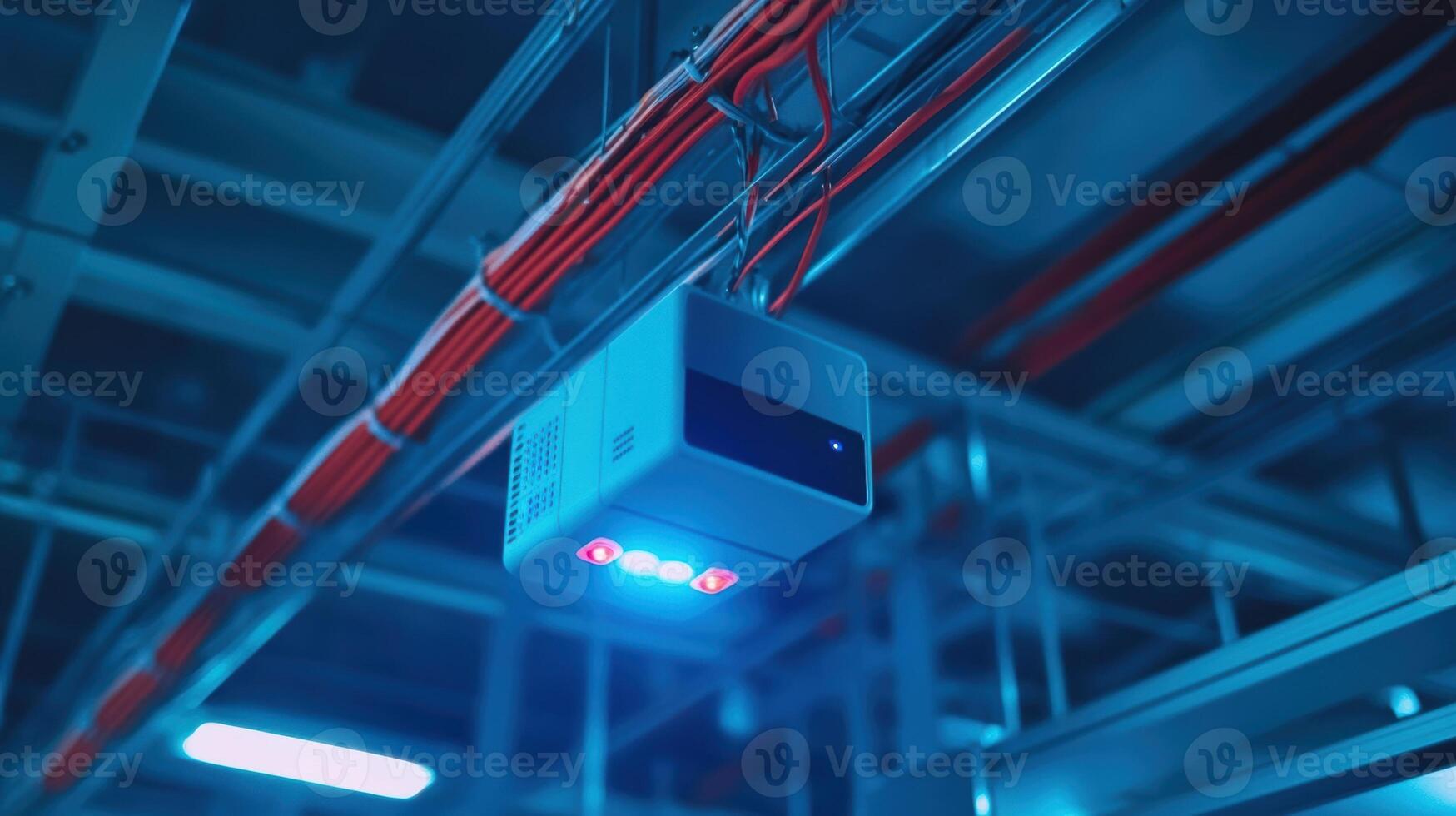 Closeup of a 5G access point mounted on a ceiling intricate wiring visible and the glow from LED indicators illuminating the industrial environment below photo