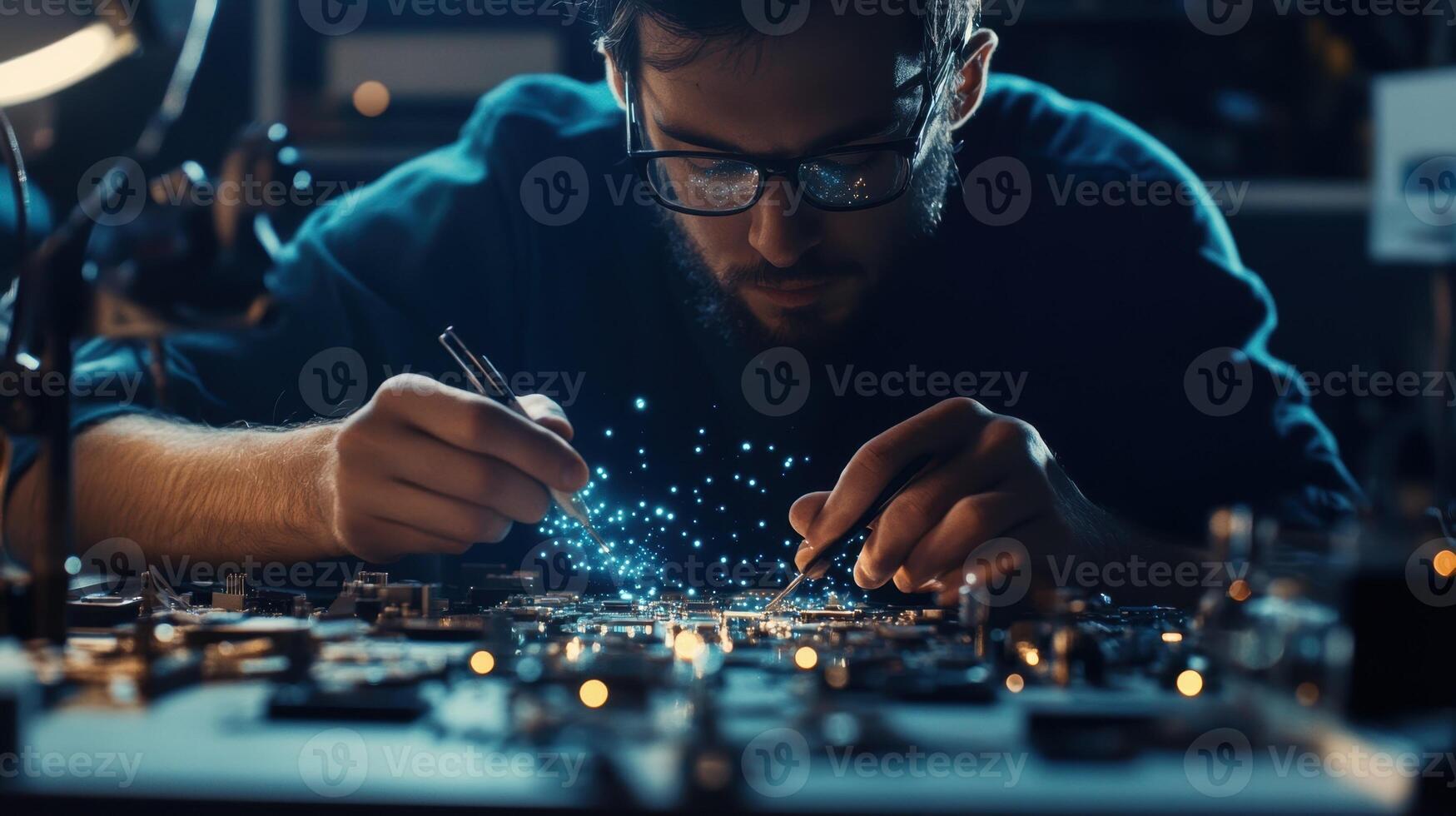 A technician is seen precisely aligning small electronic circuits on a soldering station surrounded by various tools and components reflecting the intricate process of creating photo