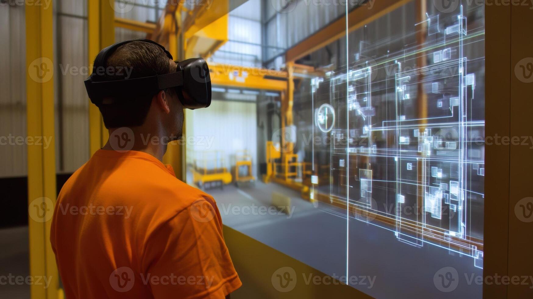 A worker looking at an augmented reality interface showing a 3D simulation of proper lifting techniques enhancing ergonomics and reducing the risk of injury in handling materials photo