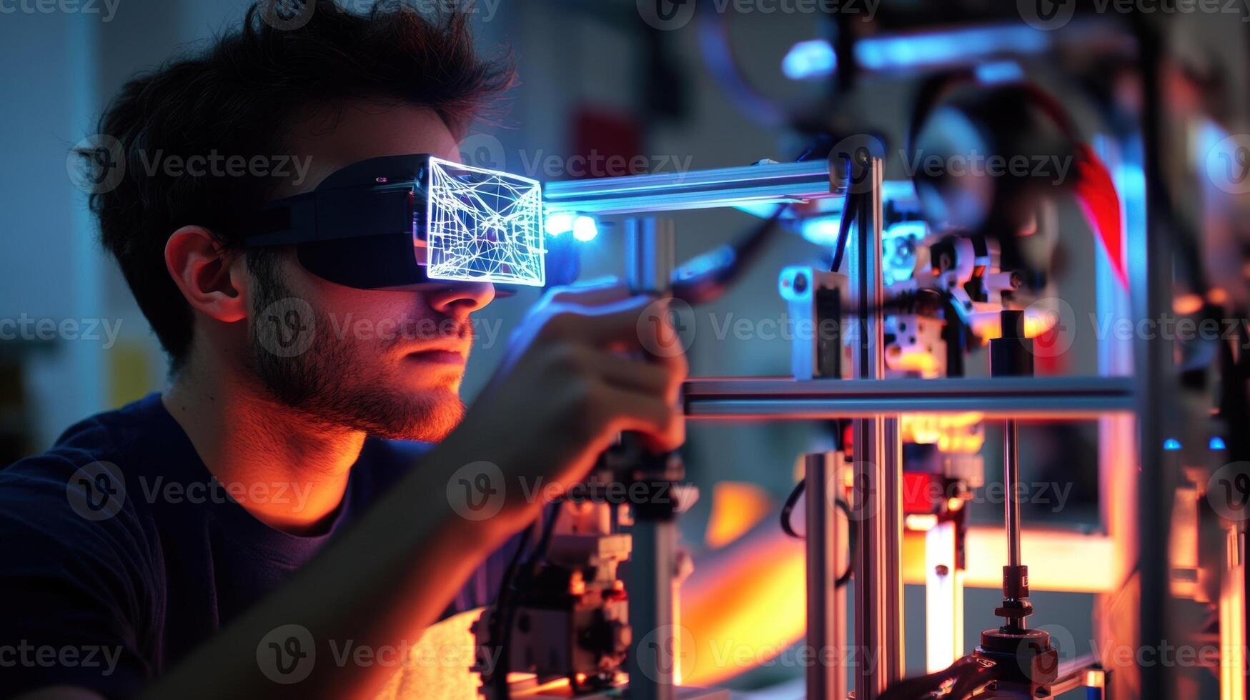 An engineer adjusting a 3D printed prototype while wearing augmented reality glasses which display realtime data and design changes directly in their field of view photo