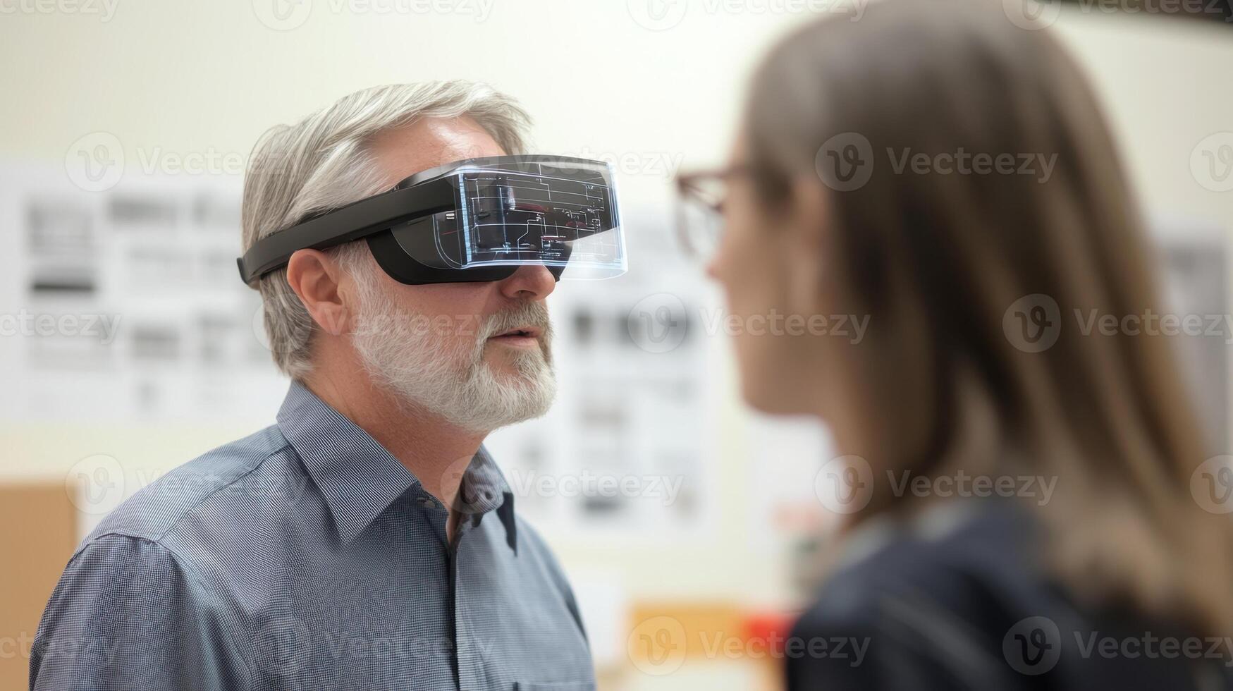 A designer using a futuristic headset that overlays design modifications onto prototype models in a workshop enabling immediate visualization and feedback on product iterations photo