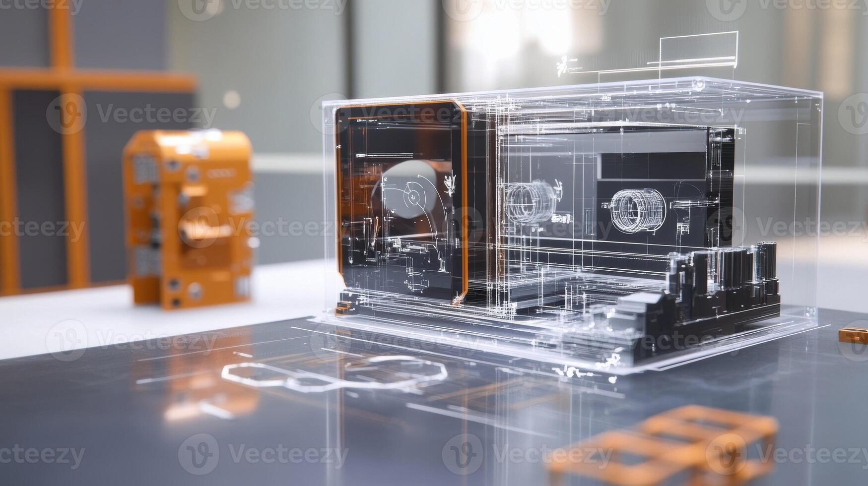 A screenshot of a digital design file alongside physical components with virtual annotations visible in the AR headset highlighting areas for modification or improvement photo
