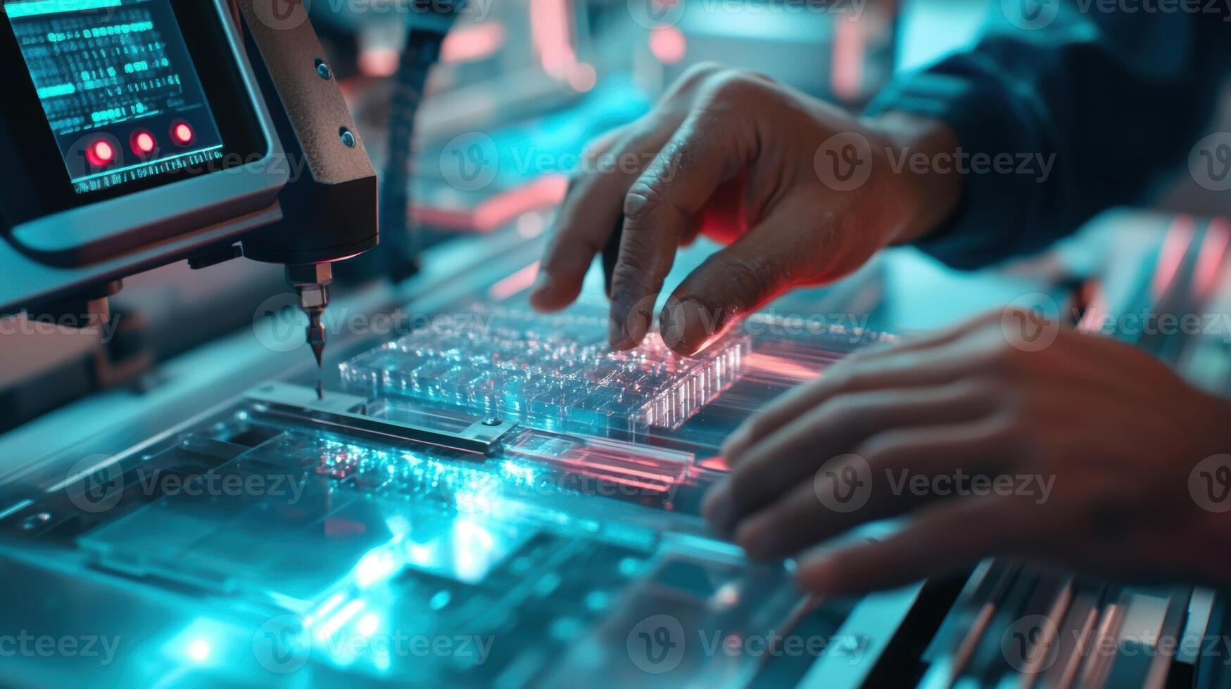 Detailed view of a technicians hands adjusting the settings on a digital control panel of a CNC milling machine with freshly acrylic pieces tered around the workspace highlighting photo