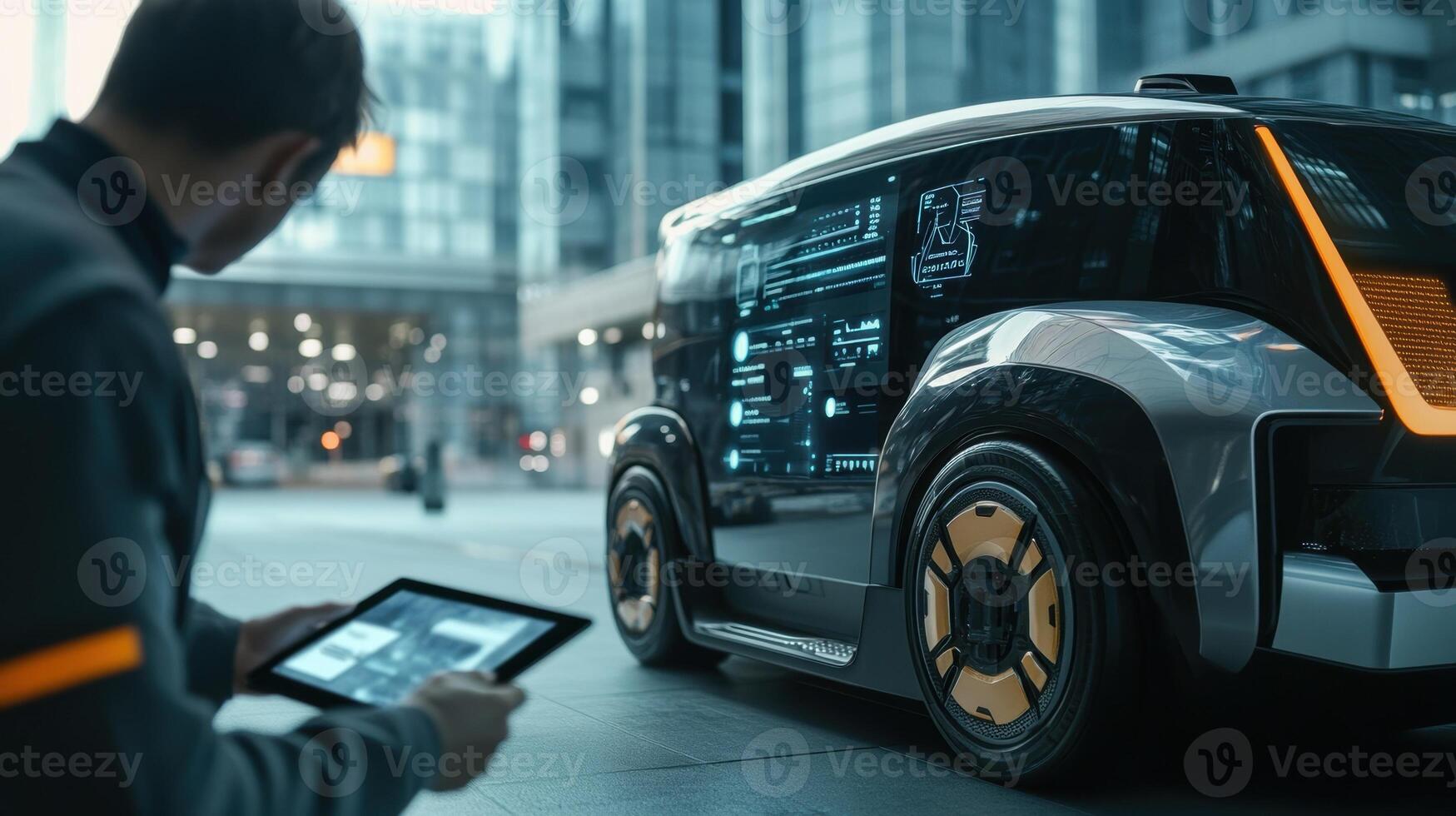 A closeup of a worker using a tablet to interact with an autonomous vehicle with visual data being shared in realtime via a 5G network and the vehicle poised to exee commands for efficien photo