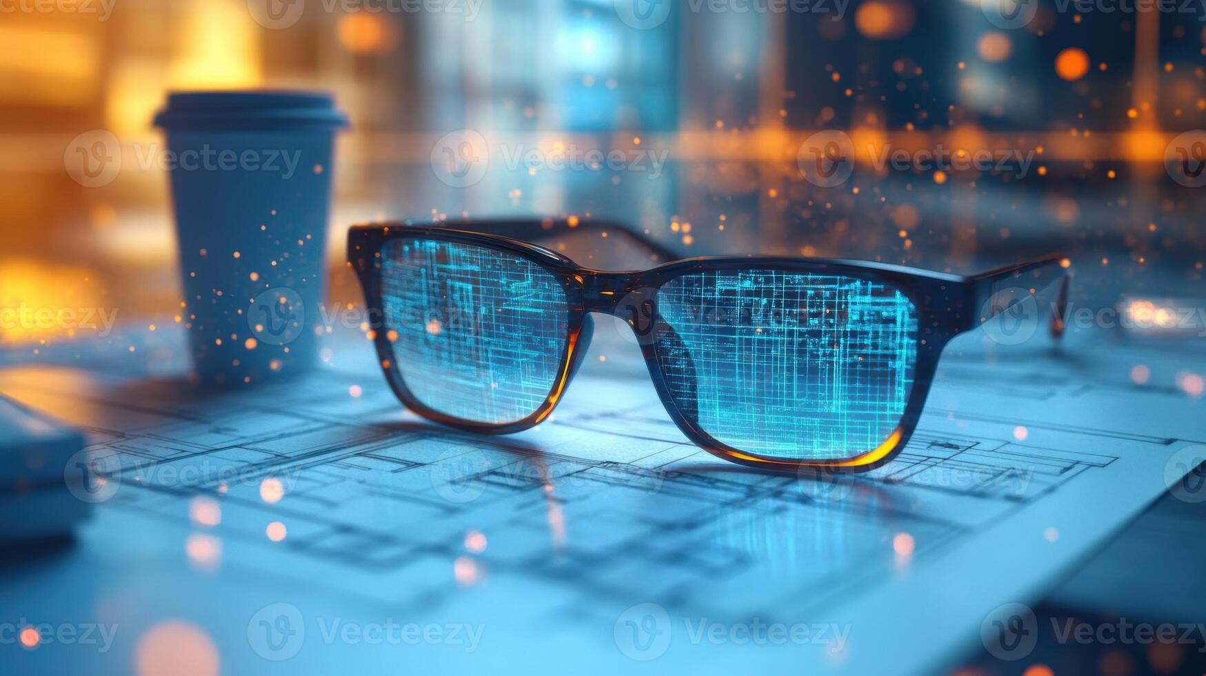 A pair of glasses resting on an engineering blueprint surrounded by coffee cups from a local cafe representing the fusion of work and community engagement in the design process photo