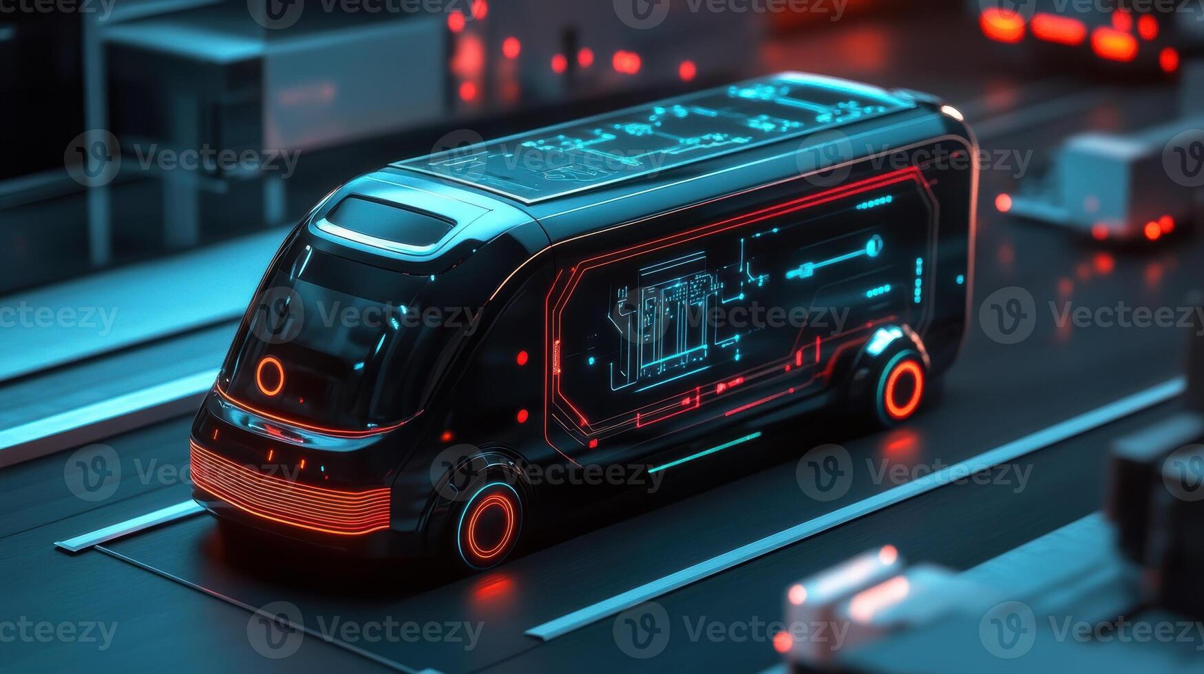 Detailed visuals of the navigation systems embedded in an autonomous delivery unit with various signals glowing on the interface signaling active 5G communication during operation photo