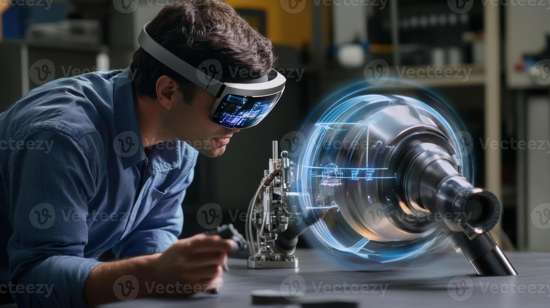 A technician wearing augmented reality glasses examining a complex assembly with virtual guides and assembly sequences appearing over the physical parts photo