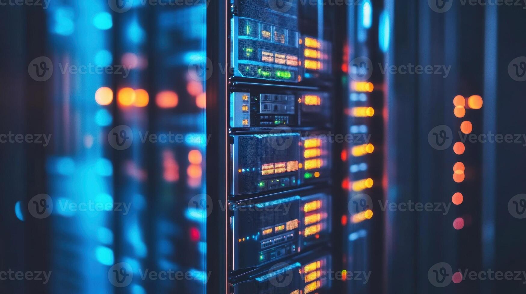Tight shot of a data center rack filled with servers with the front panels lit up wires neatly arranged showcasing the backbone of a scalable network photo