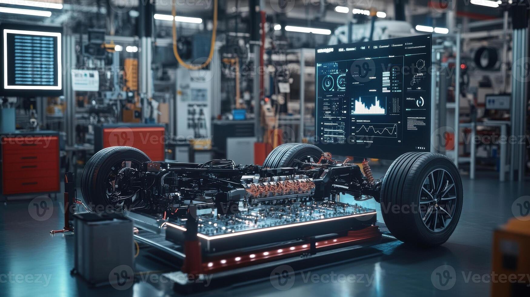 A highresolution image of a vehicle control unit with animated graphs and data points highlighting the efficiency metrics managed through 5G surrounded by tools and parts reflectiv photo