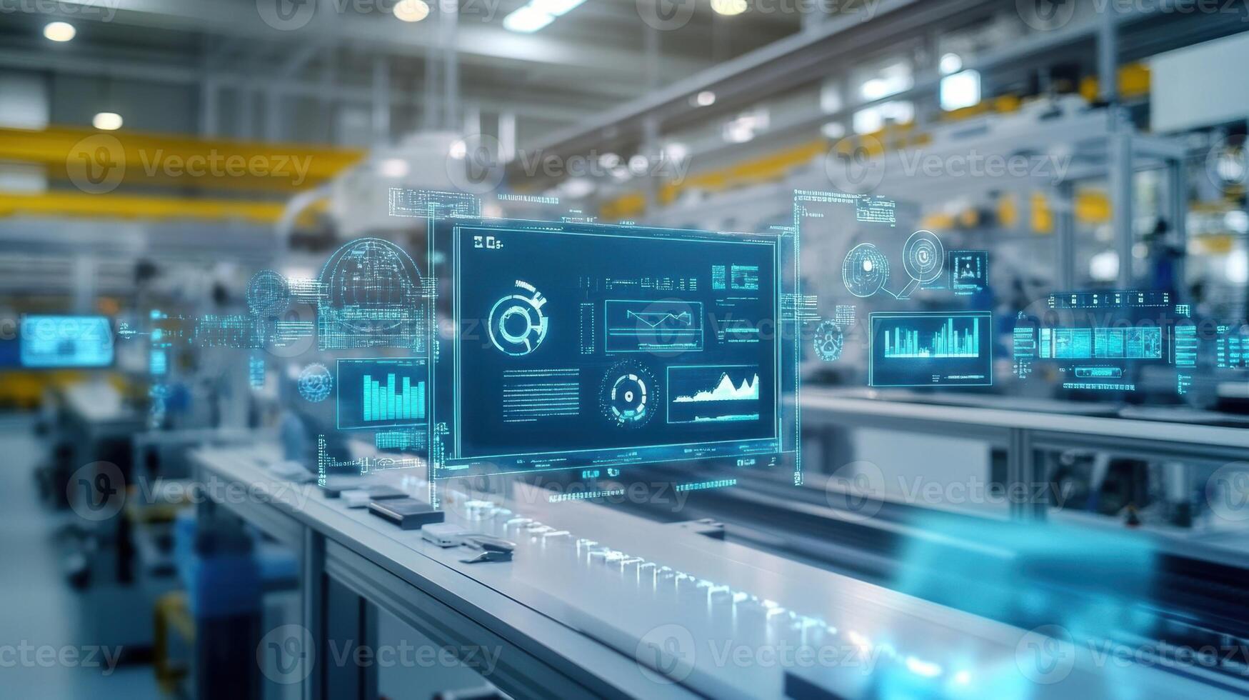 A group of interactive kiosks within a factory floor each connected to a central server over a 5G network showcasing how such technology facilitates immediate information access photo