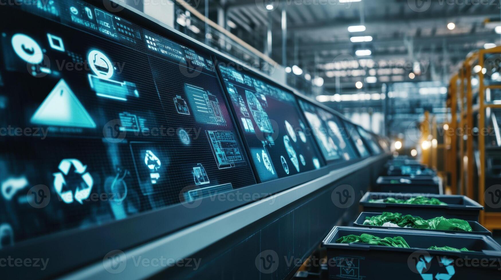 A closeup of a waste management system inside the factory with labeled bins for proper disposal of materials next to a digital display showing the reduction of carbon footprint in rea photo