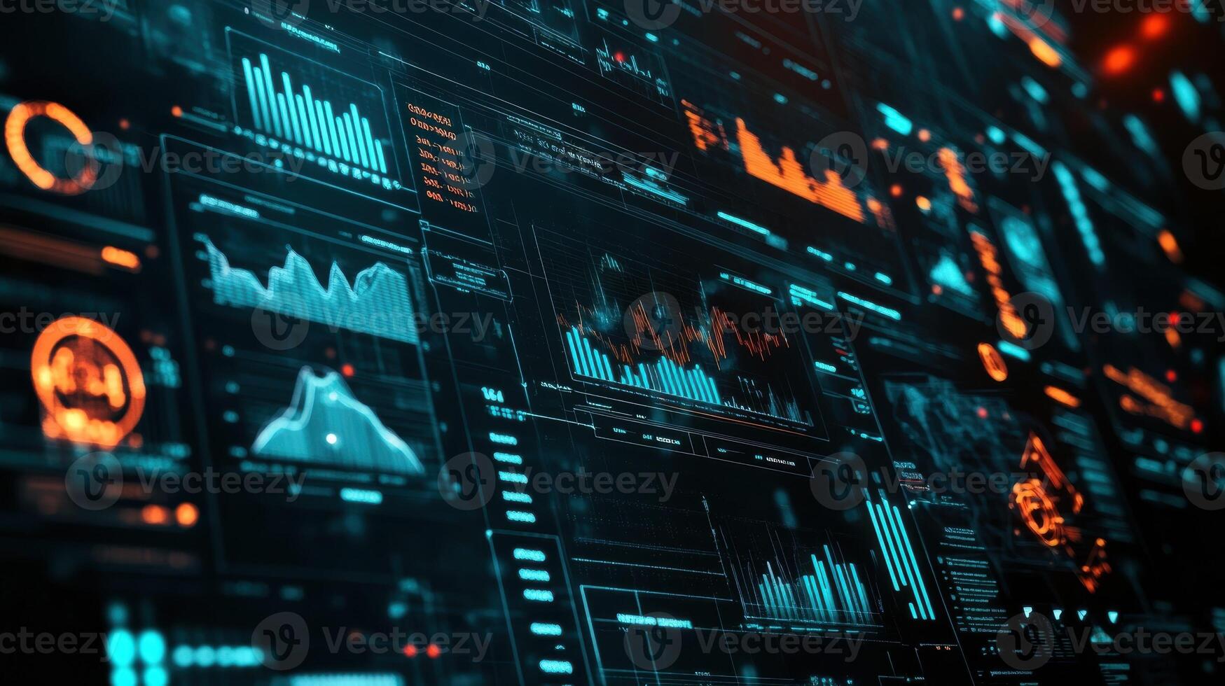 A screen displaying a dashboard filled with graphs and charts indicating machine performance powered by 5G as engineers analyze trends and optimize workflows from a remote location photo