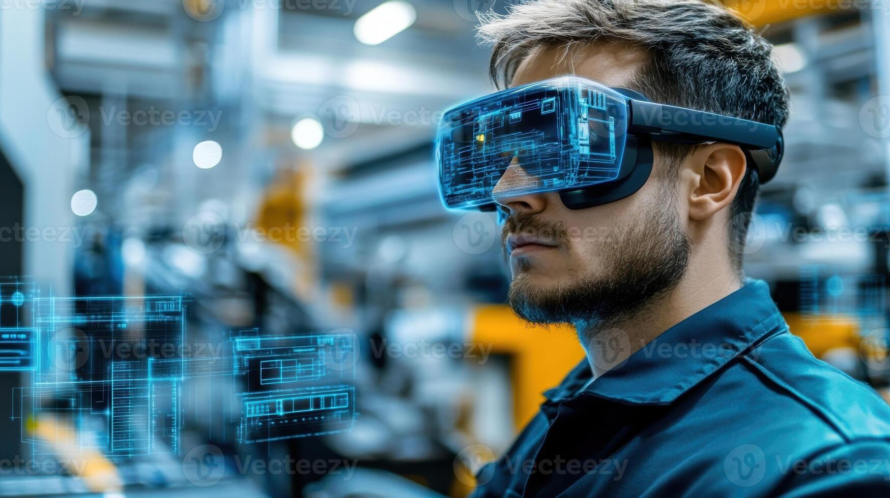 A technician in a factory wearing augmented reality glasses observing streaming data from connected sensors on an assembly line highlighting enhanced connectivity powered by 5G technology photo