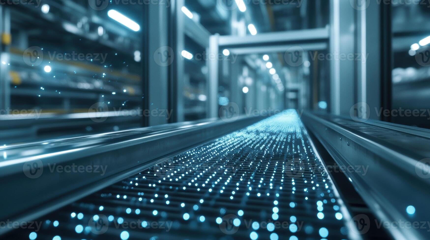 Closeup of a conveyor system seamlessly integrated into a modular workstation demonstrating how components are efficiently transported between different manufacturing zones photo