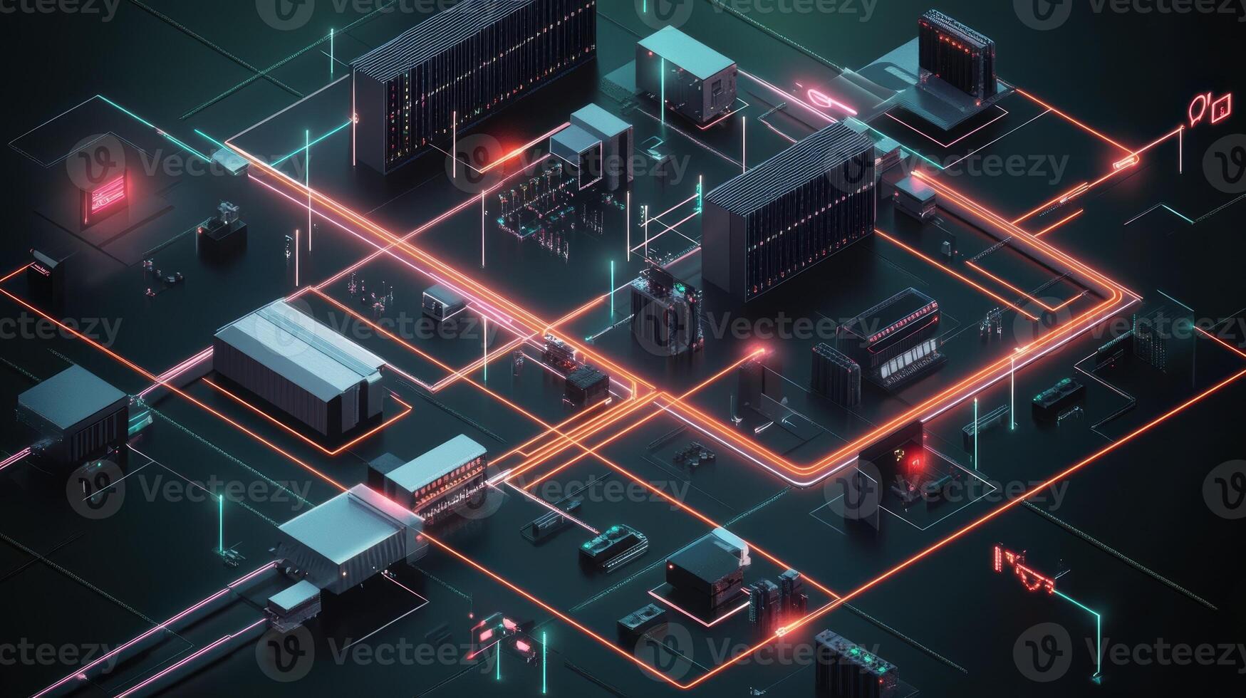 A graphical representation of data flow between machines and edge computing devices highlighted with glowing lines and nodes that signify low latency communications enabled by 5G photo